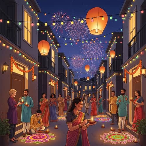 Diverse Diwali Festivities: Celebratory Scene of Colorful Lights & Rangoli Designs