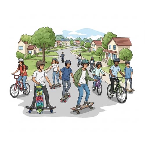 Diverse Teenagers Skateboarding and Biking in Suburban Setting