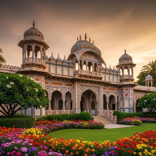 Traditional Indian Style Architecture with Vivid Colors and Intricate Carvings