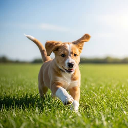 Playful Puppy Bounding Through Lush Green Grass