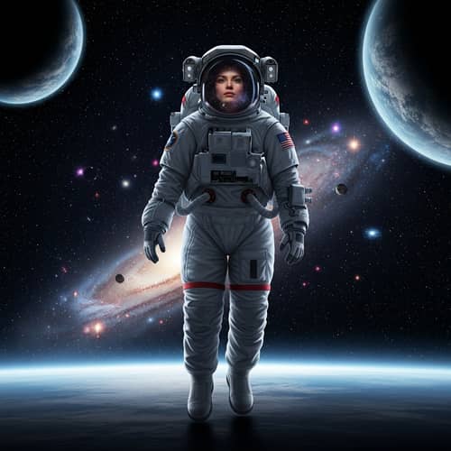 Realistic Woman Walking in Outer Space - Astronaut Artwork