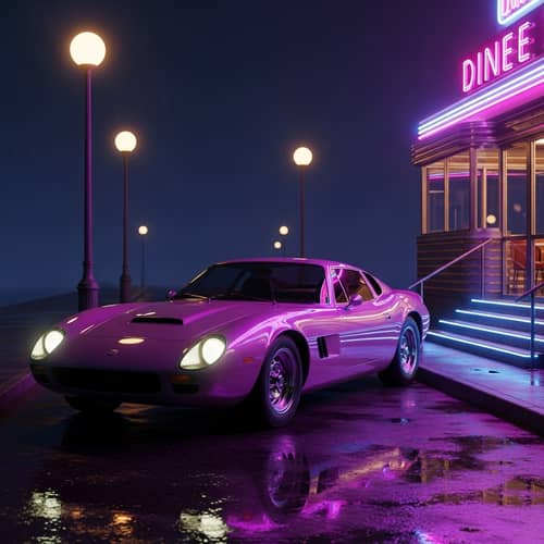 Neon Retro Sports Car in Urban Setting at Night