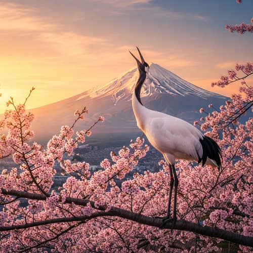 Graceful Crane in Japanese Landscape | Mount Fuji Sunrise View
