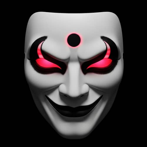 White Theatrical Mask with Glowing Red Crescent Eyes