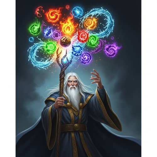Elderly Wizard Commanding Elements with Ornately Designed Staff