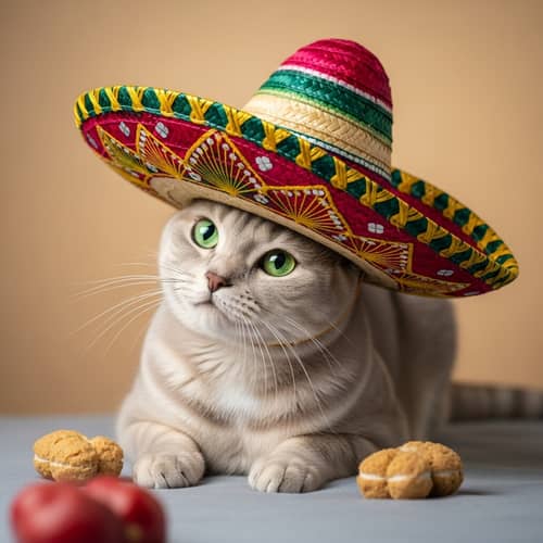 Playful Cat Wearing Mexican Hat - Vibrant and Adorable Scene
