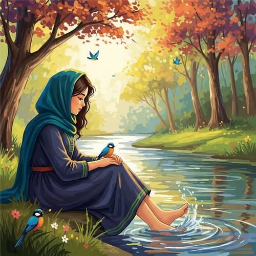 Tranquil Scene: Young Girl by River Amid Birds and Trees
