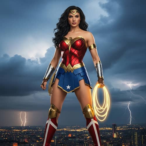 Powerful Superheroine with Dark Hair in Red & Blue Costume