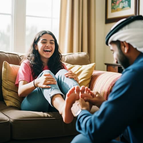 Playful Latina Teenage Girl on Cozy Couch | Heartfelt Moment Captured