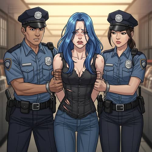 Blue Haired Woman Arrested - Manhwa Style Image