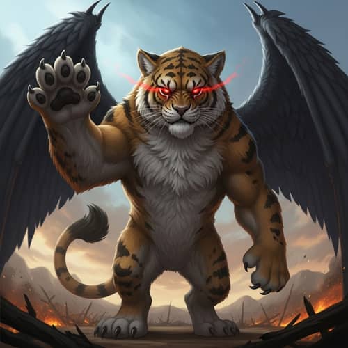 Giant Cat with Red Angry Eyes and Black Wings Unleashing Chaos