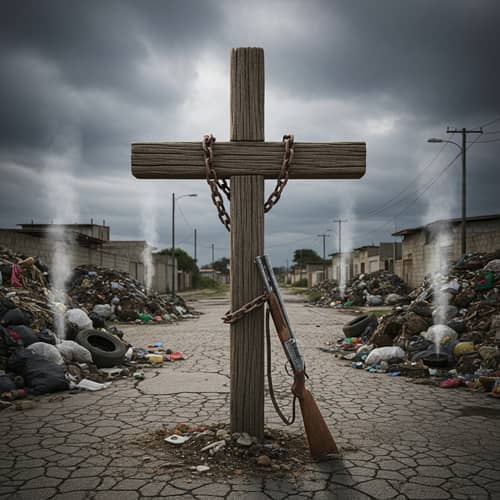 Eerie Scene of Wooden Cross and Shotgun in Desolate Neighborhood