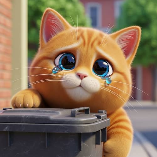 Adorable Ginger Kitten Behind Garbage Bin | Playful 3D Cartoon Cat