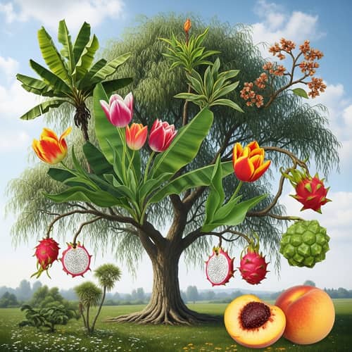 Unique Organism: Tree with Oak Trunk, Willow-Like Branches, Banana Leaves, Tulip Flowers & Dragon Fruit-Peach Fruits