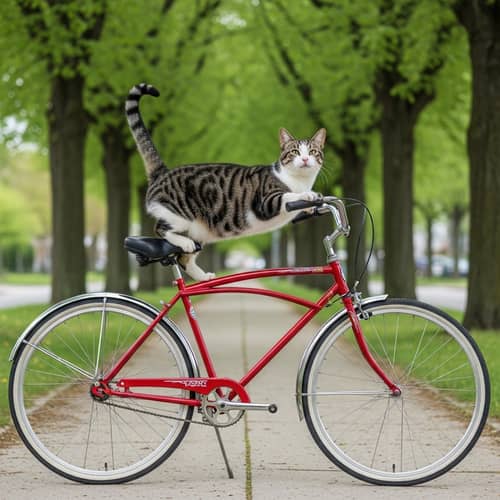 Domestic Short-Haired Cat on Red Bicycle | Lush Suburban Scene