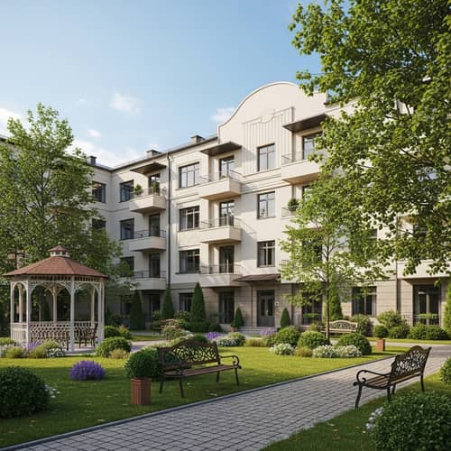 Avant-Garde Residential Building Facade with Lush Green Landscape