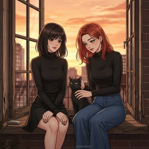 Detailed Manhwa Style Sunset Image of Two Beautiful Girls
