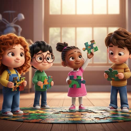 Diverse Pixar-Style Kids with Jigsaw Puzzle Pieces
