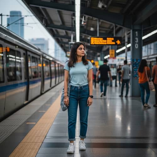 South Asian Girl at Metro Station - Tranquility Amid Urban Life