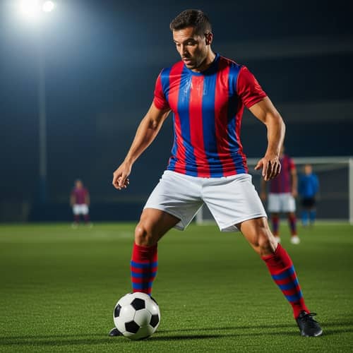 Hispanic Professional Footballer in Red and Blue Jersey | Action Shot