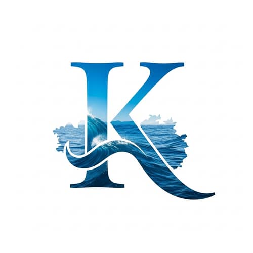 Elegant Blue 'K' Logo with Majestic Sea Landscape