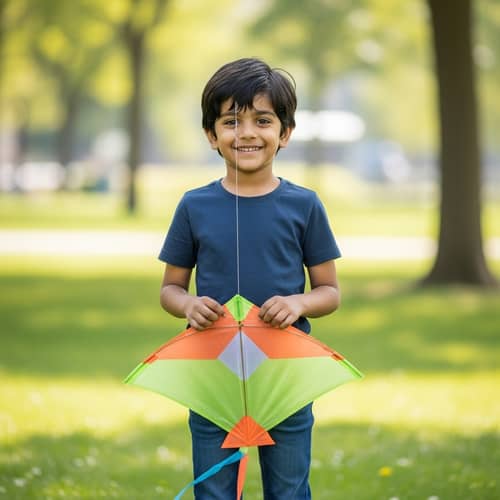 Young South Asian Boy Flying Kite in Park | Happy and Playful