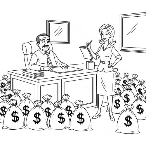 Nostalgic Black and White Cartoon: Middle-Aged South Asian Manager & Caucasian Female Secretary in Office Setting