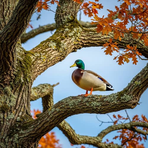 Colorful Duck Perched on Oak Tree Branch | Nature Scene