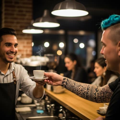 Smiling Barista Serving Espresso to Customer in Cozy Evening Cafe