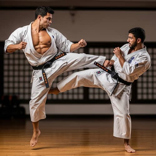 Hispanic vs Middle-Eastern Muscular Karate Practitioners Kicking Action