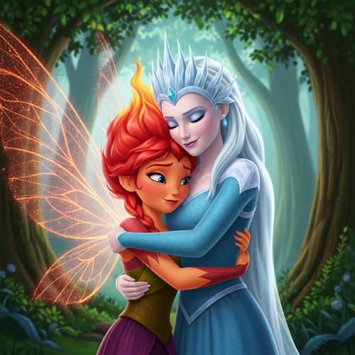 Fairy and Ice Queen Embracing in Lush Forest | Fantasy Art