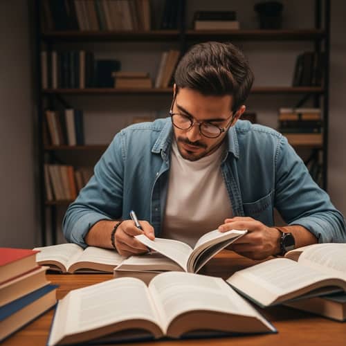 Diligent Hispanic Man Studying with Focus at Table of Books