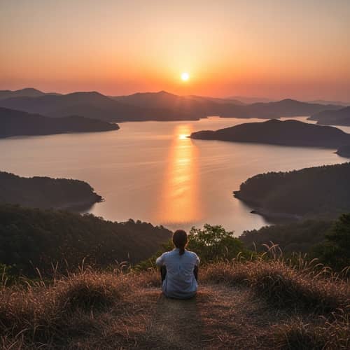 Tranquil Morning Scene: Figure on Hill at Sunrise