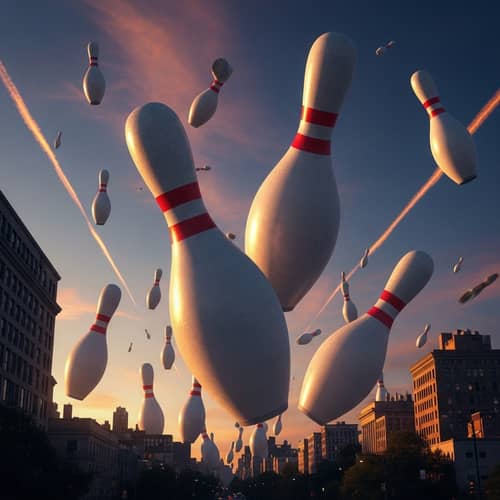 Giant Bowling Pins Falling: Surreal Scene in the Sky