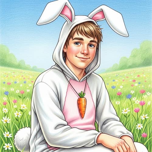 Caucasian Male Teenager in White Bunny Costume Illustration
