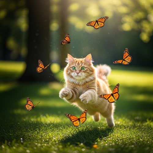 Playful Cat Chasing Butterflies in Sunlit Park