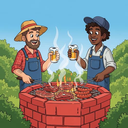 Cartoon Hillbillies Grilling Meat on Brick BBQ Pit | Outdoor Scene