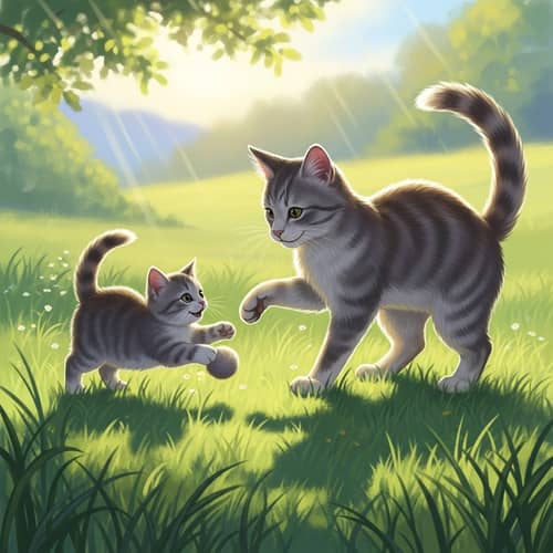 Playful Kitten and Mother: Delightful Game in Sunlit Grassland