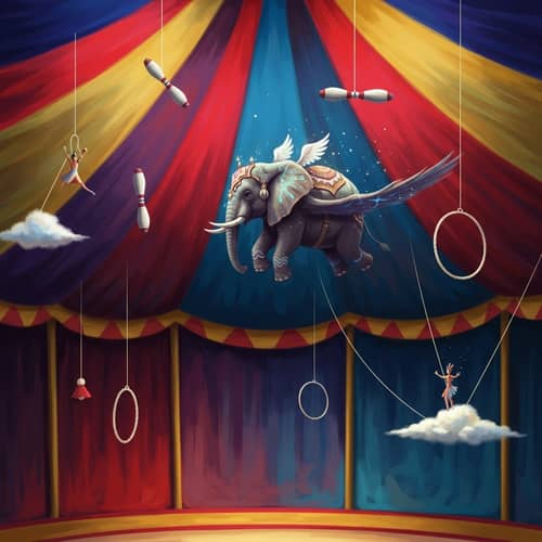 Surreal Dreamscape with Flying Elephant in Circus Tent