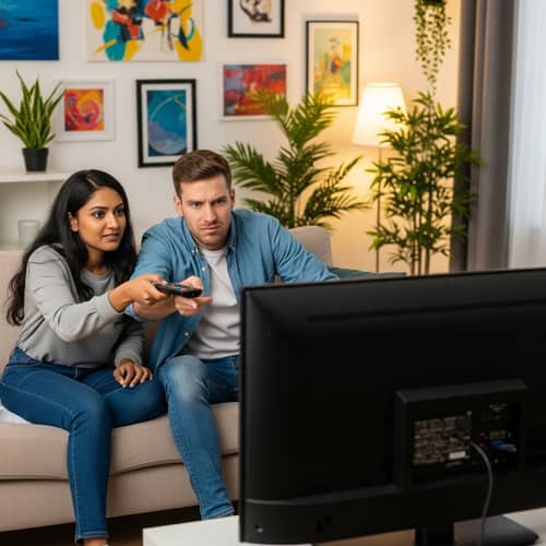 Intense Remote Battle on Beige Couch in Modern Living Room
