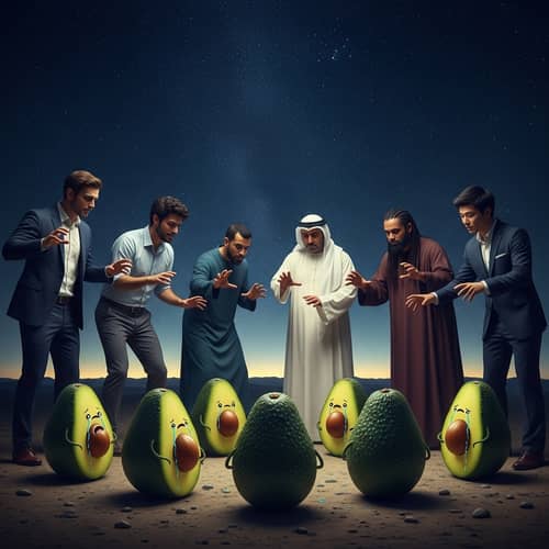 Diverse Men Cursing Realistic Crying Avocados at Night