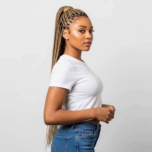 Fashionable African American Woman in Box Braids and Diamond Stud Earrings