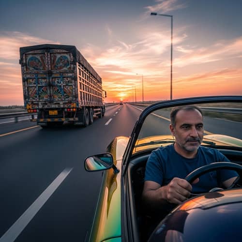 Middle-Eastern Man Speeding in Vibrant Sports Car on Multilane Highway