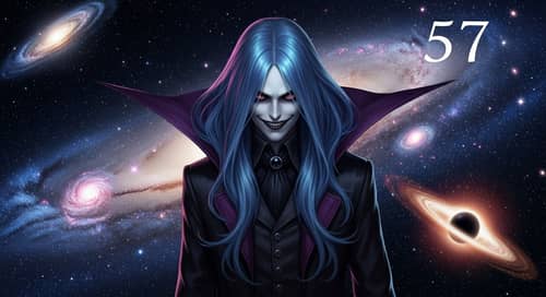 Gothic Villain with Blue and Purple Iridescent Hair in Cosmic Setting