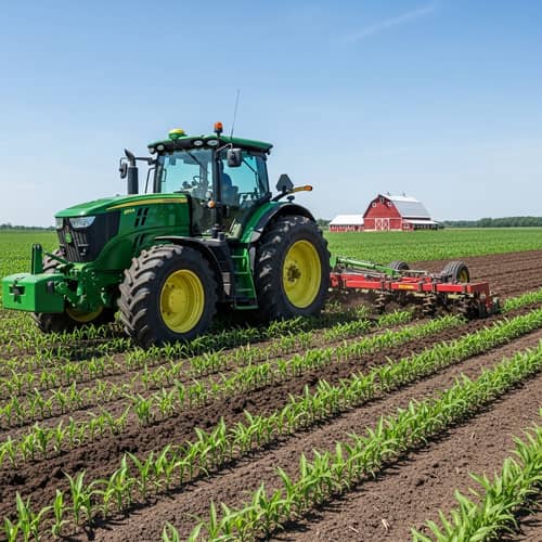 Green Tractor in Vast Field with Red Barn | Farm Equipment Scene