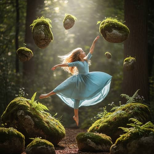 Blonde Hispanic Girl Dancing in Mid-Air Amongst Floating Stones