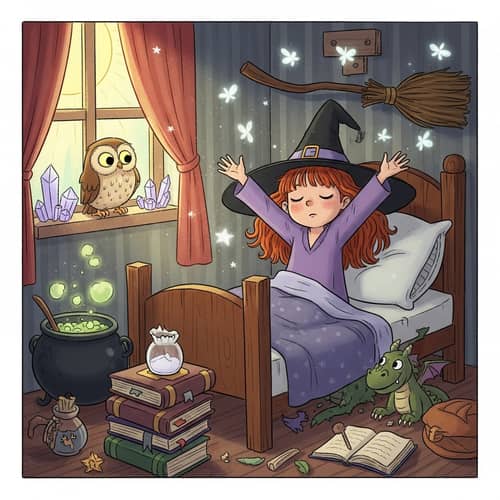 Young Red-Haired Witch Waking Up - Enchanted Children's Illustration