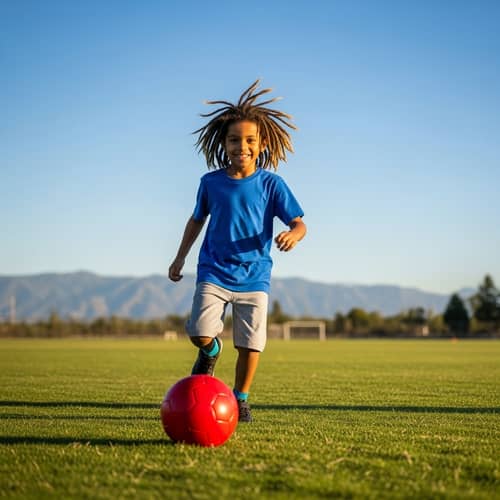 Energetic South Asian Boy with Dreadlocks Playing Soccer on Green Field