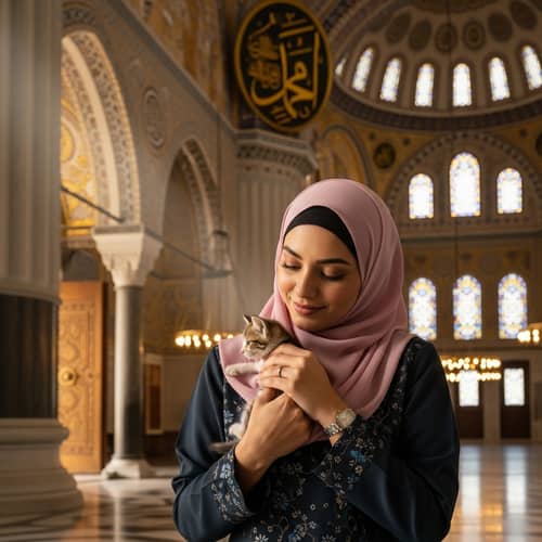 Middle-Eastern Woman in Traditional Baju Kurung with Kitten in Mosque