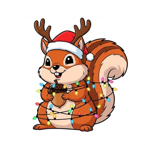 Whimsical Cartoon Squirrel in Santa Hat & Reindeer Antlers